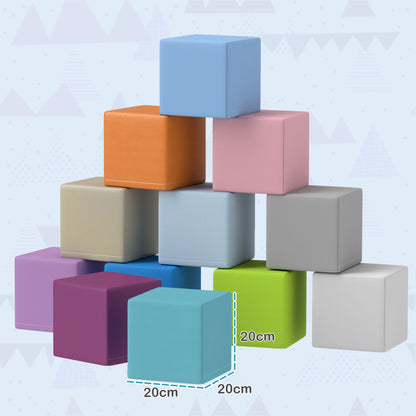Set of 12 Soft Toy Cubes for Kids 12-36 Months, Foam Blocks for Kids, Soft Constructions in PU and EPE, 20x20x20 cm, Dark Multicolor