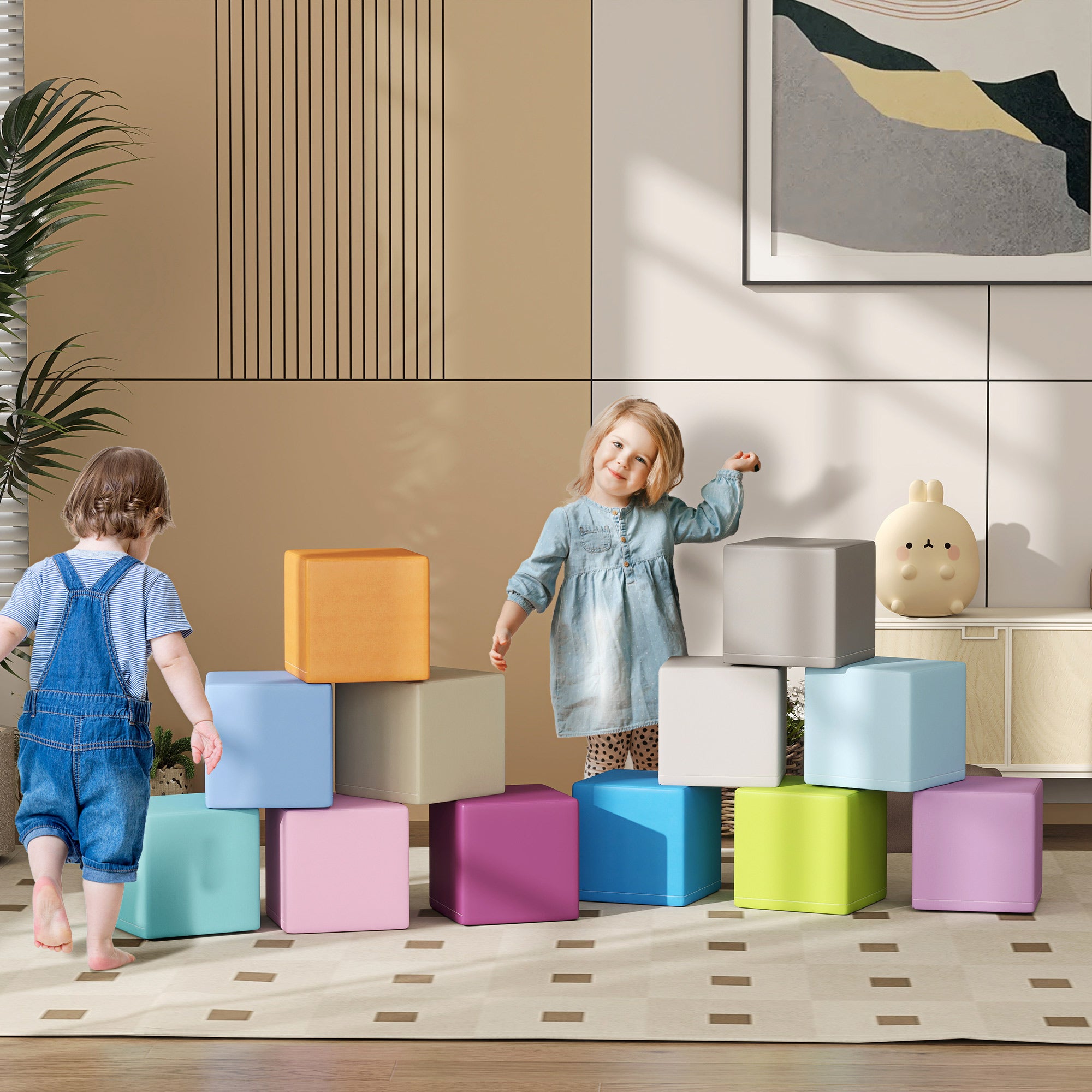 Set of 12 Soft Toy Cubes for Kids 12-36 Months, Foam Blocks for Kids, Soft Constructions in PU and EPE, 20x20x20 cm, Dark Multicolor