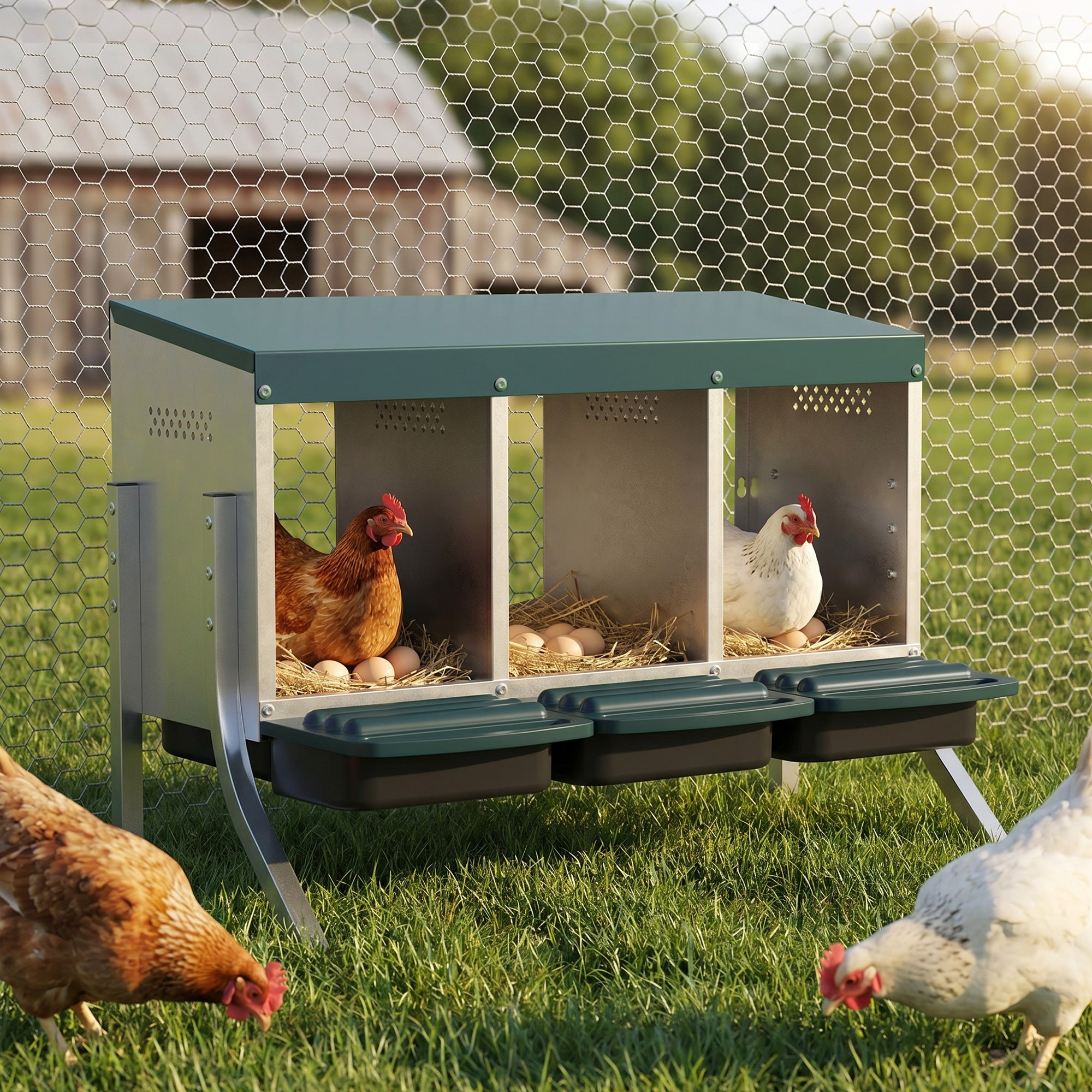 3-Compartment Rollaway Nesting Box for Chickens, Ventilated with Drainage, Fits 3 Hens, 85 x 54.6 x 61 cm (33.5 x 21.5 x 24 in), Silver/Green