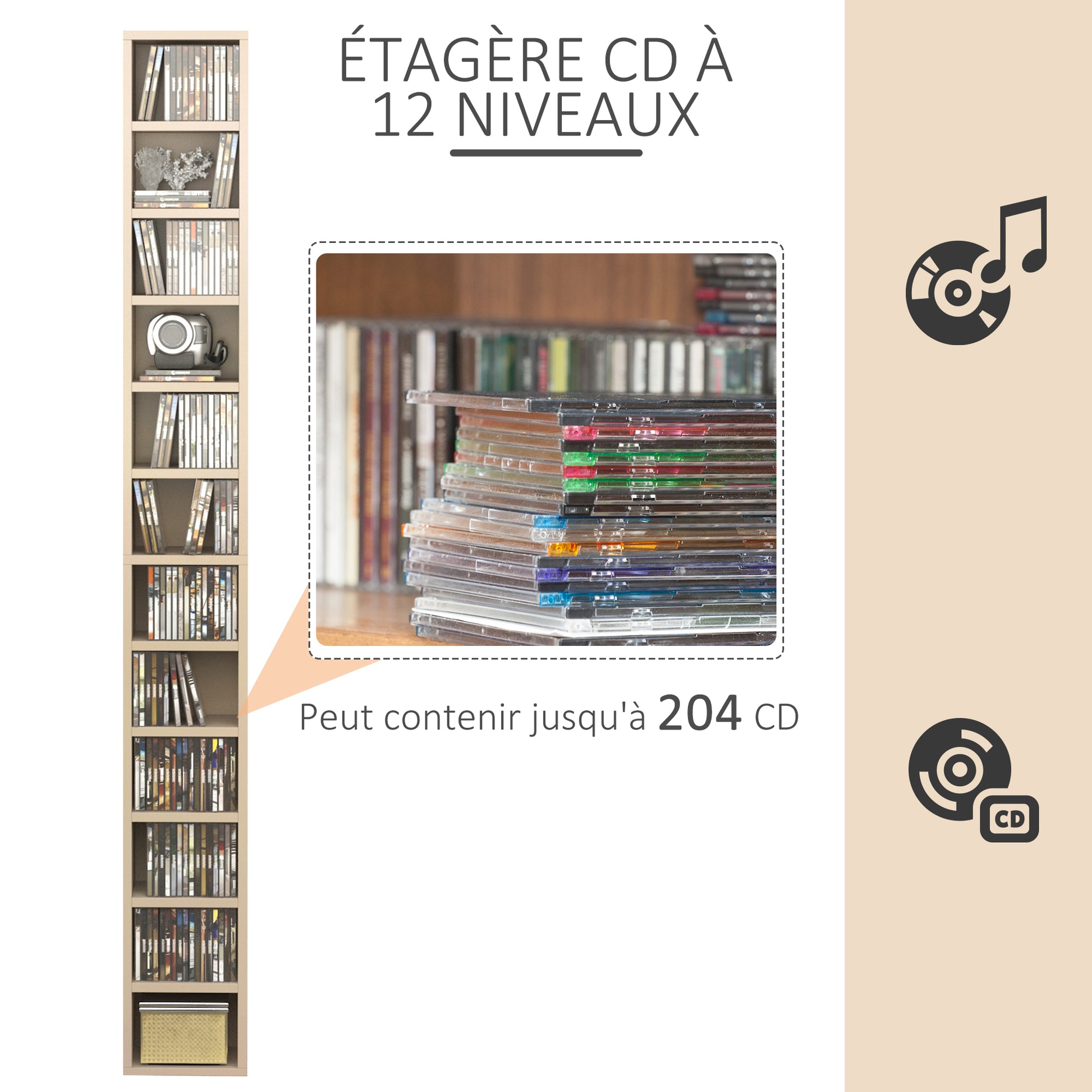 CD and DVD Storage, column storage shelf, storage unit with 12 compartments, max capacity 204 CD, 21 x 20 x 175 cm, natural wood