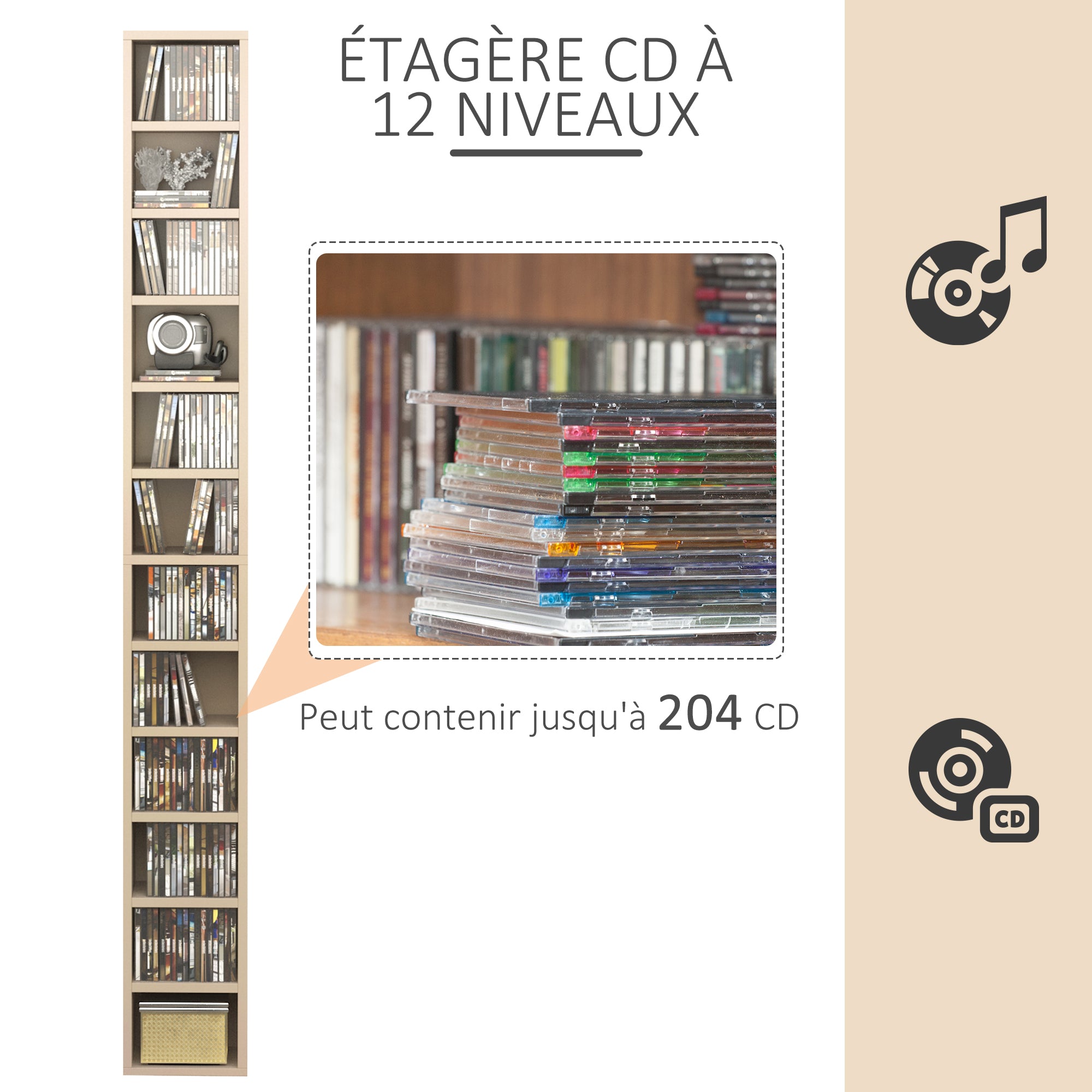 CD and DVD Storage, column storage shelf, storage unit with 12 compartments, max capacity 204 CD, 21 x 20 x 175 cm, natural wood