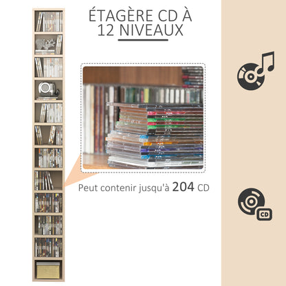 CD and DVD Storage, column storage shelf, storage unit with 12 compartments, max capacity 204 CD, 21 x 20 x 175 cm, natural wood