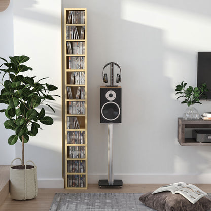CD and DVD Storage, column storage shelf, storage unit with 12 compartments, max capacity 204 CD, 21 x 20 x 175 cm, natural wood