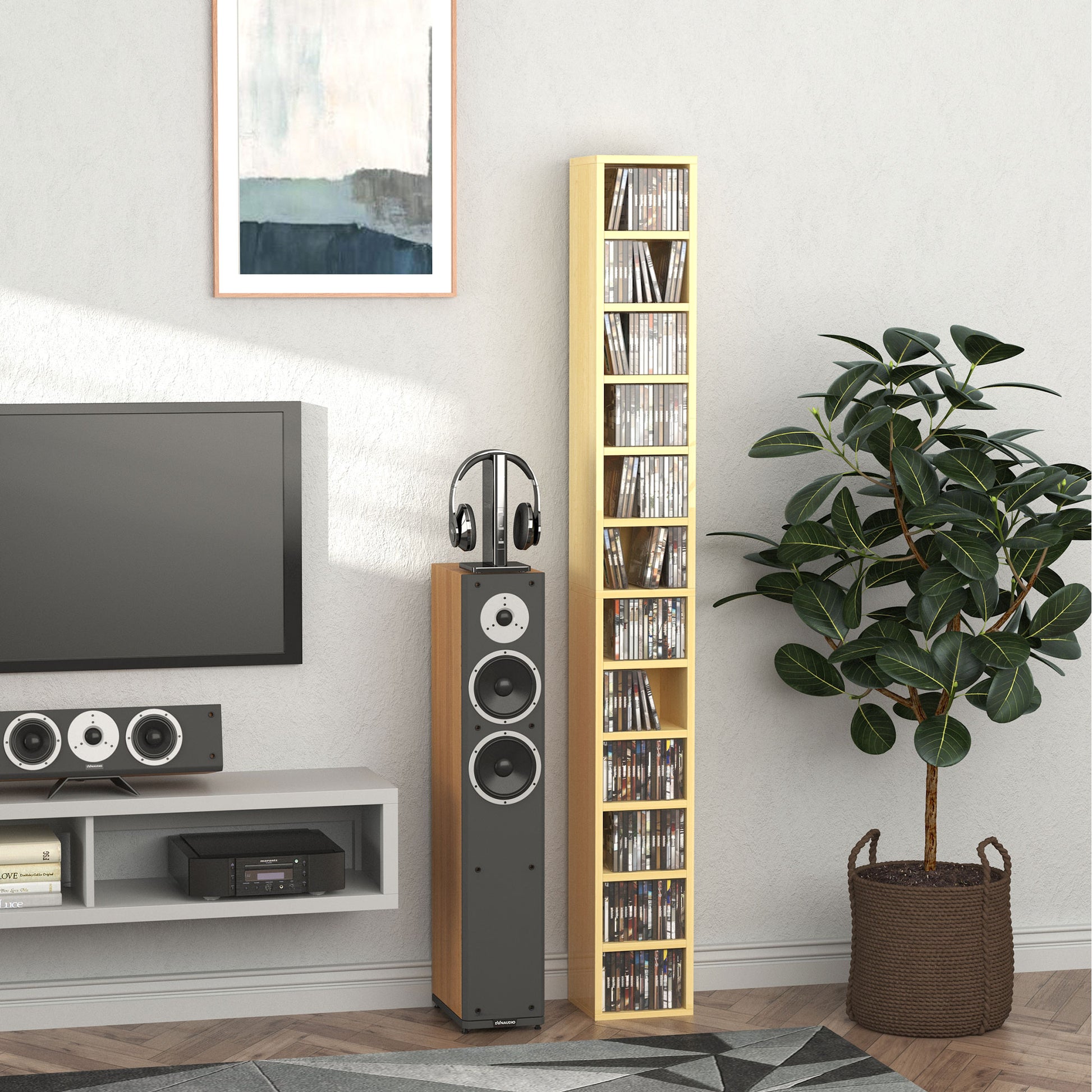 CD and DVD Storage, column storage shelf, storage unit with 12 compartments, max capacity 204 CD, 21 x 20 x 175 cm, natural wood