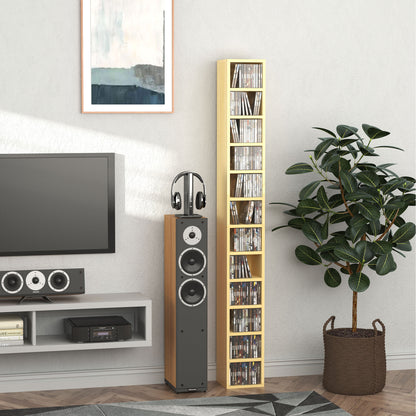 CD and DVD Storage, column storage shelf, storage unit with 12 compartments, max capacity 204 CD, 21 x 20 x 175 cm, natural wood