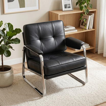 PU Leather Accent Chair — Wide Seat, Thick Foam, Metal Base, Button-Tufted — Black