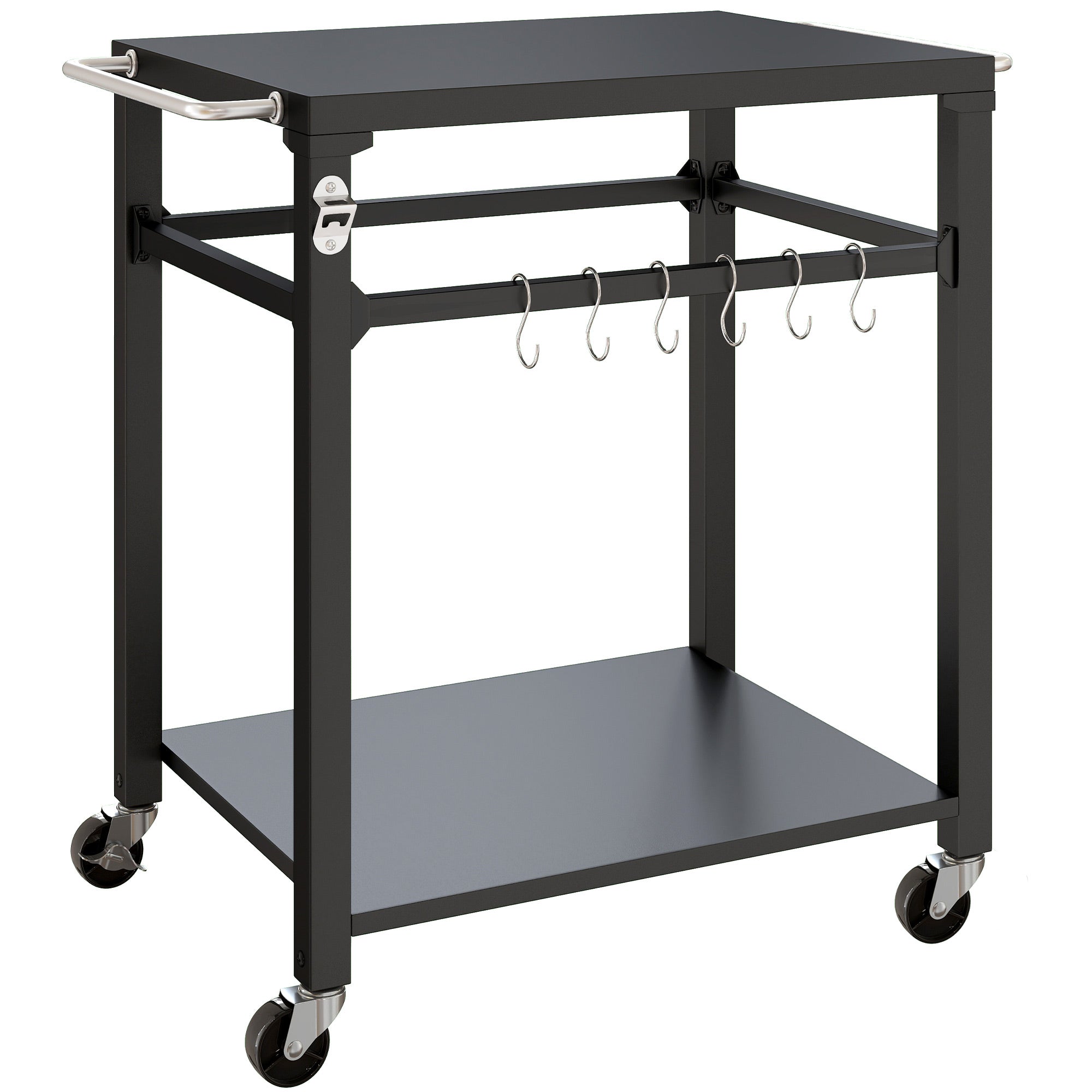 Outdoor Grill Cart — Pizza Oven Stand with Metal Worktop, 2-Tier Rolling Kitchen Station with Hooks, Handle & Locking Wheels, Black