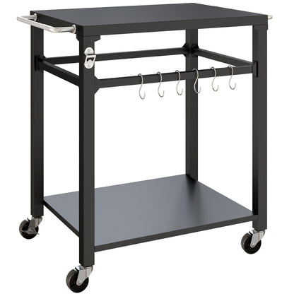 Outdoor Grill Cart — Pizza Oven Stand with Metal Worktop, 2-Tier Rolling Kitchen Station with Hooks, Handle & Locking Wheels, Black