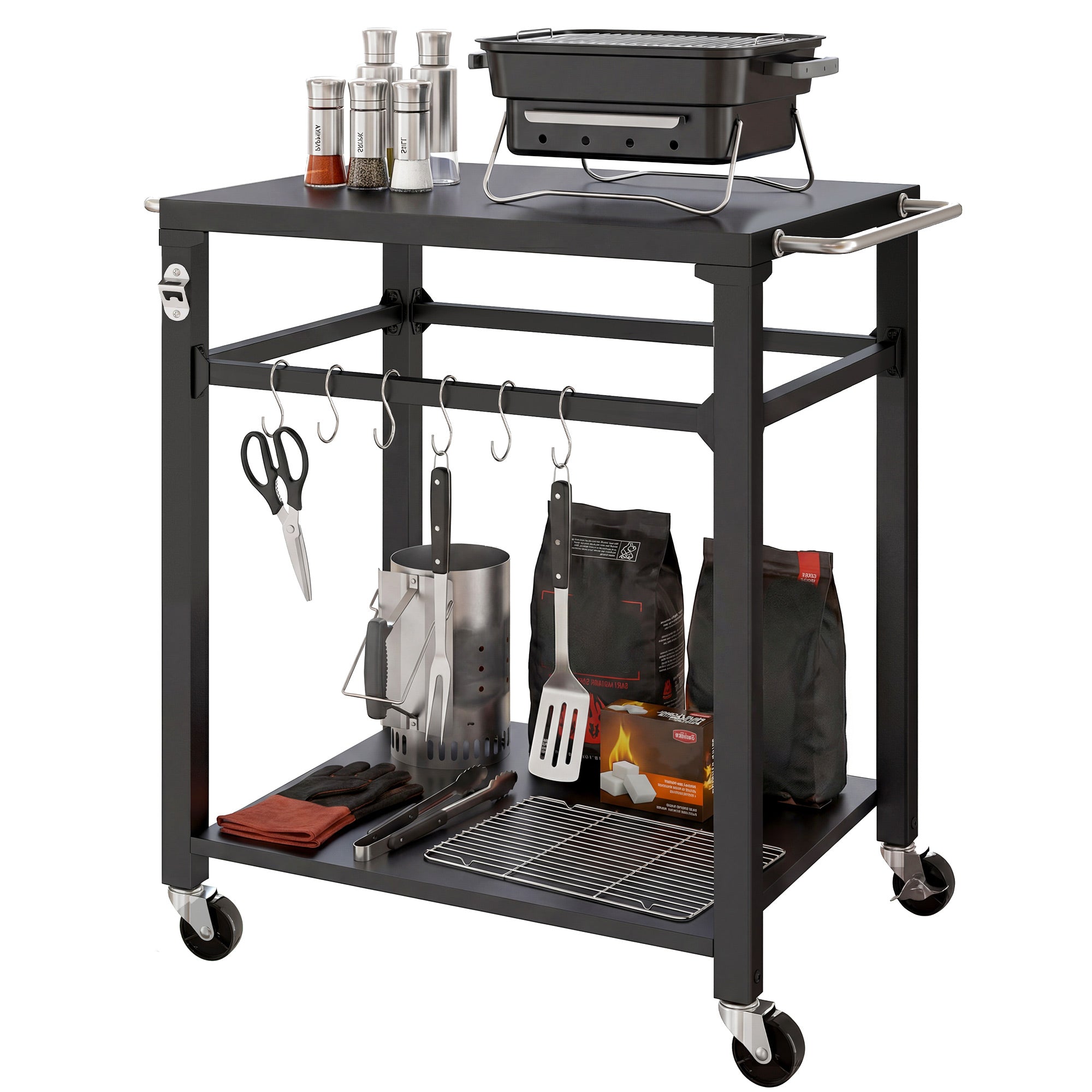 Outdoor Grill Cart — Pizza Oven Stand with Metal Worktop, 2-Tier Rolling Kitchen Station with Hooks, Handle & Locking Wheels, Black