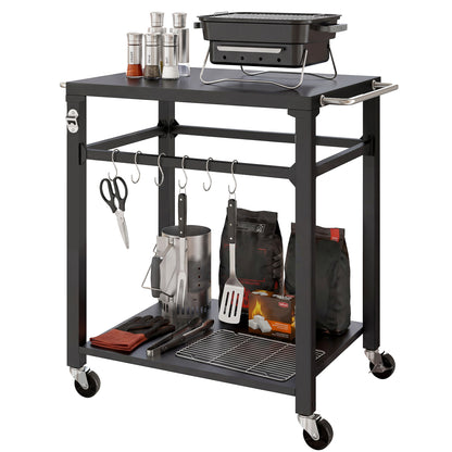 Outdoor Grill Cart — Pizza Oven Stand with Metal Worktop, 2-Tier Rolling Kitchen Station with Hooks, Handle & Locking Wheels, Black
