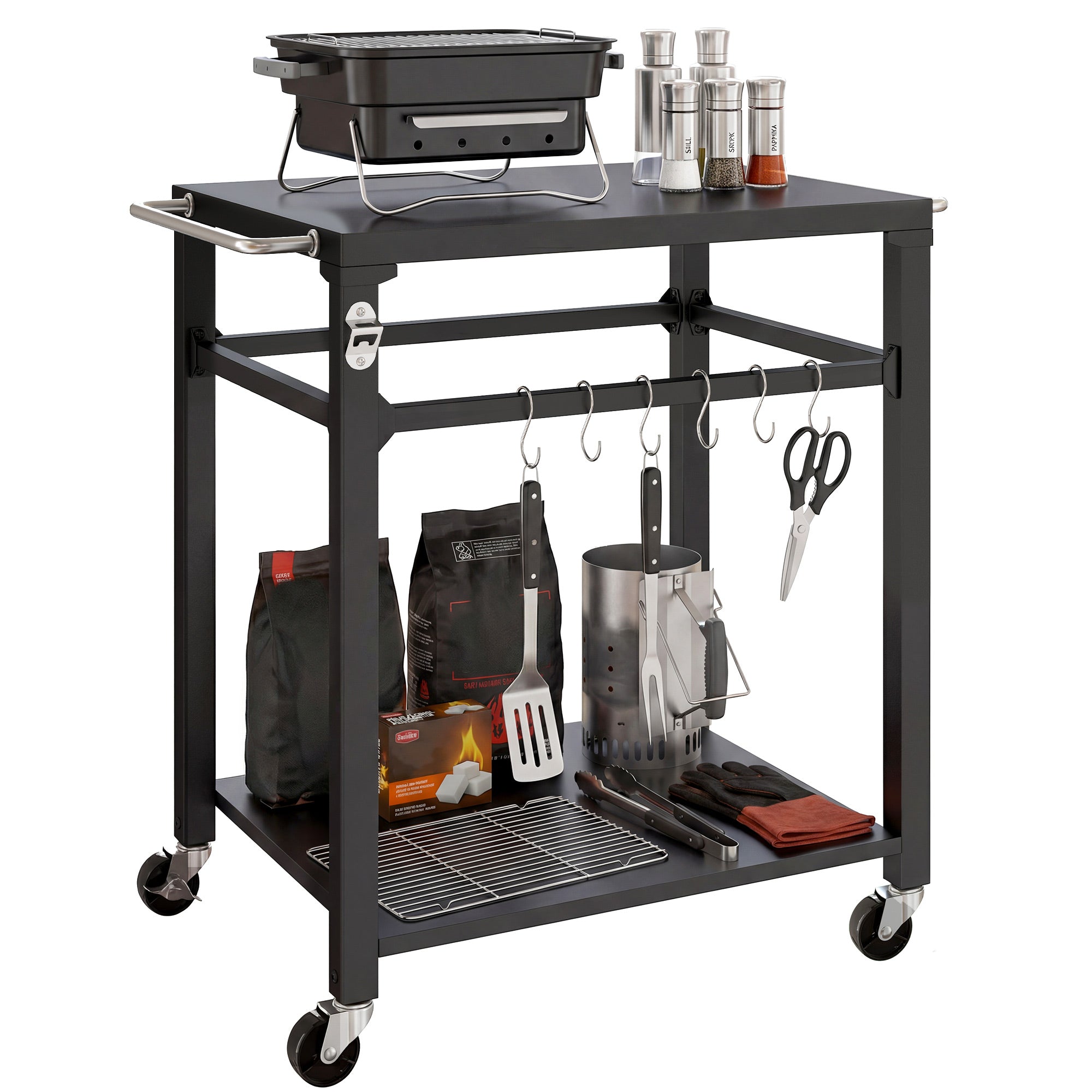 Outdoor Grill Cart — Pizza Oven Stand with Metal Worktop, 2-Tier Rolling Kitchen Station with Hooks, Handle & Locking Wheels, Black