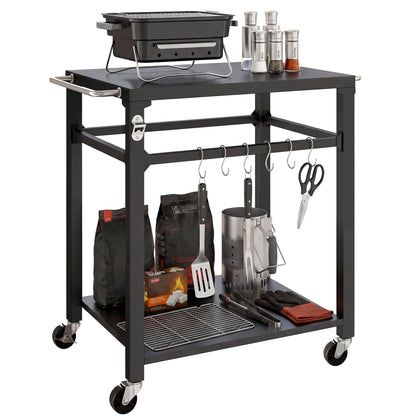 Outdoor Grill Cart — Pizza Oven Stand with Metal Worktop, 2-Tier Rolling Kitchen Station with Hooks, Handle & Locking Wheels, Black