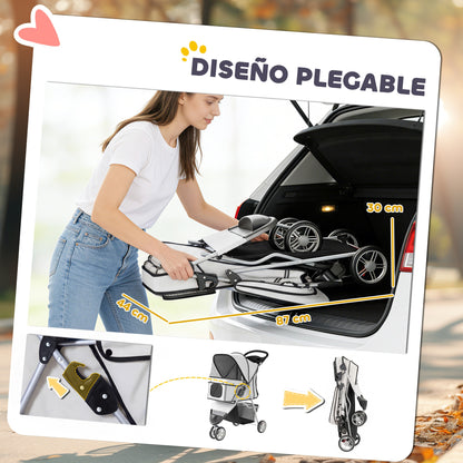 Foldable Pet Stroller, up to 22 lb, 3-Wheel Small Dog & Cat Stroller with Adjustable Canopy, Mesh Windows, Cup Holder, EVA Wheels & Brakes — Light Gray