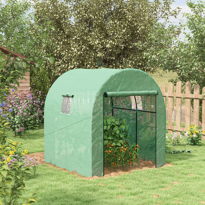 Tunnel Greenhouse for Garden 1.8x1.8x2m, UV Resistant Greenhouse with 2 Roll-Up Doors and Windows, in Steel and PE, Green