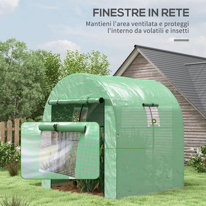Tunnel Greenhouse for Garden 1.8x1.8x2m, UV Resistant Greenhouse with 2 Roll-Up Doors and Windows, in Steel and PE, Green