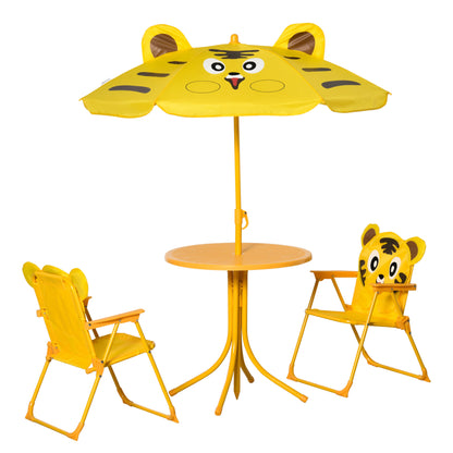 Children's Garden Lounge Set 4 pcs Tiger Design - Round Table + 2 Folding Chairs + Parasol - Epoxy Metal Oxford Yellow