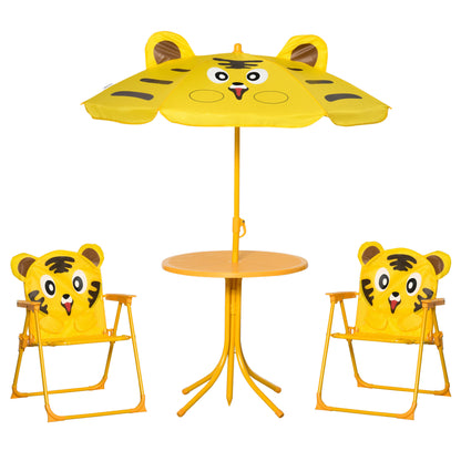 Children's Garden Lounge Set 4 pcs Tiger Design - Round Table + 2 Folding Chairs + Parasol - Epoxy Metal Oxford Yellow