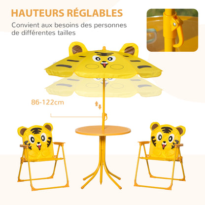 Children's Garden Lounge Set 4 pcs Tiger Design - Round Table + 2 Folding Chairs + Parasol - Epoxy Metal Oxford Yellow