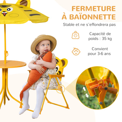 Children's Garden Lounge Set 4 pcs Tiger Design - Round Table + 2 Folding Chairs + Parasol - Epoxy Metal Oxford Yellow