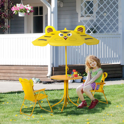Children's Garden Lounge Set 4 pcs Tiger Design - Round Table + 2 Folding Chairs + Parasol - Epoxy Metal Oxford Yellow