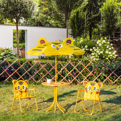 Children's Garden Lounge Set 4 pcs Tiger Design - Round Table + 2 Folding Chairs + Parasol - Epoxy Metal Oxford Yellow