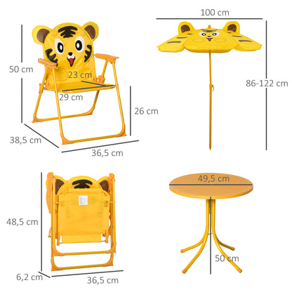 Children's Garden Lounge Set 4 pcs Tiger Design - Round Table + 2 Folding Chairs + Parasol - Epoxy Metal Oxford Yellow
