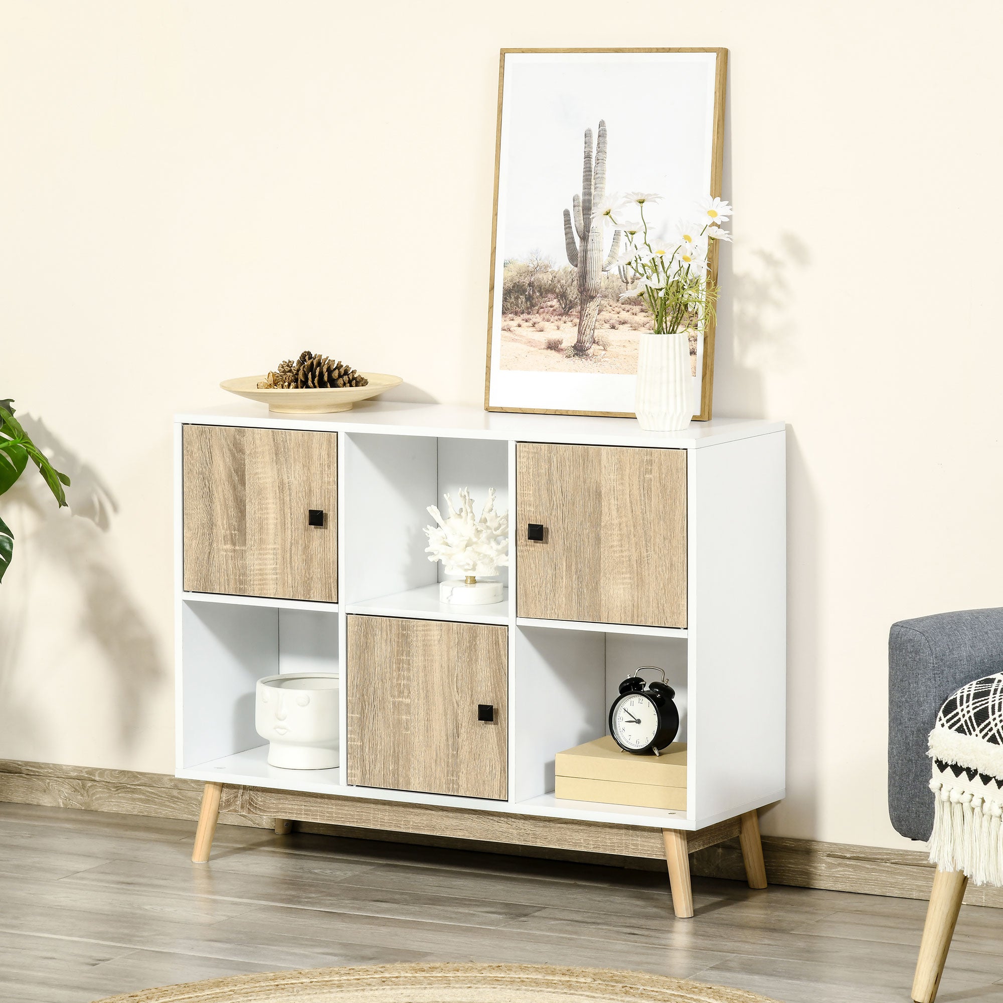 Buffet Storage Shelf Unit with 6 Cubes for Living Room, Dining Room, Bedroom 96L x 30W x 75H cm White and Oak