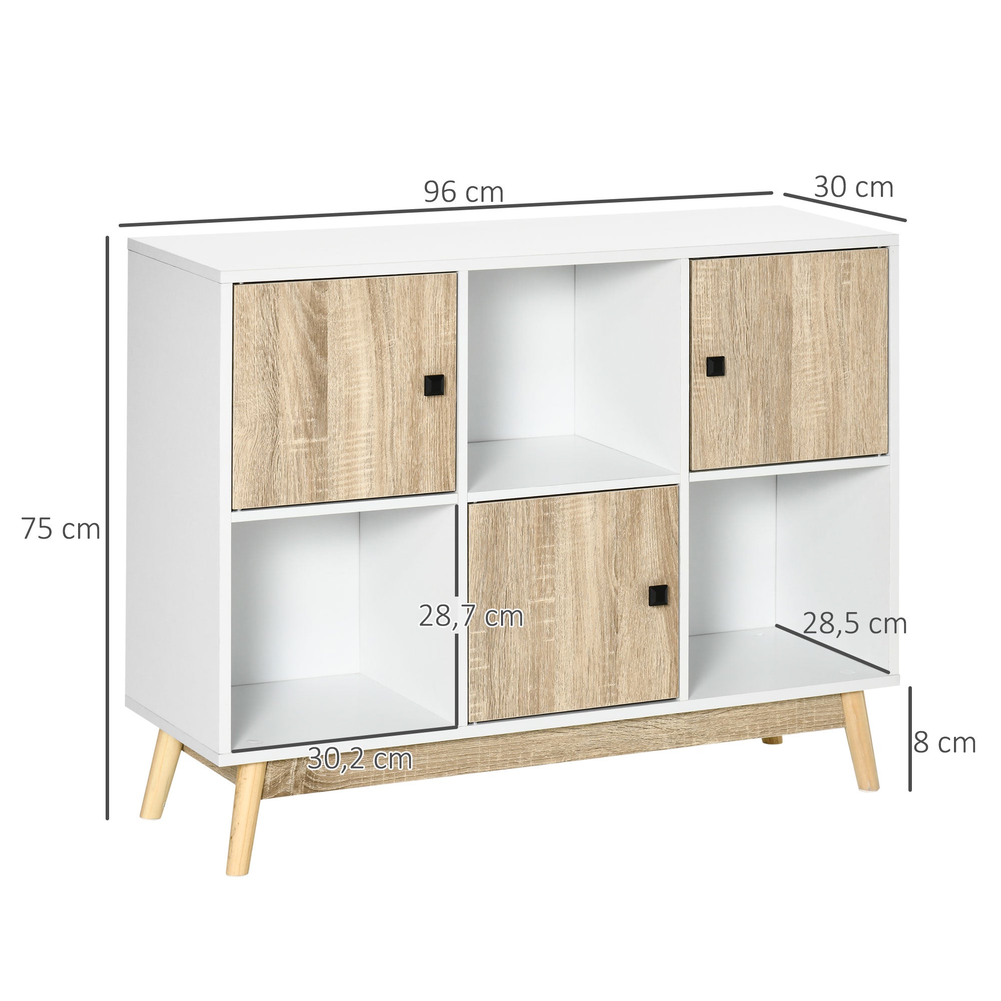 Buffet Storage Shelf Unit with 6 Cubes for Living Room, Dining Room, Bedroom 96L x 30W x 75H cm White and Oak