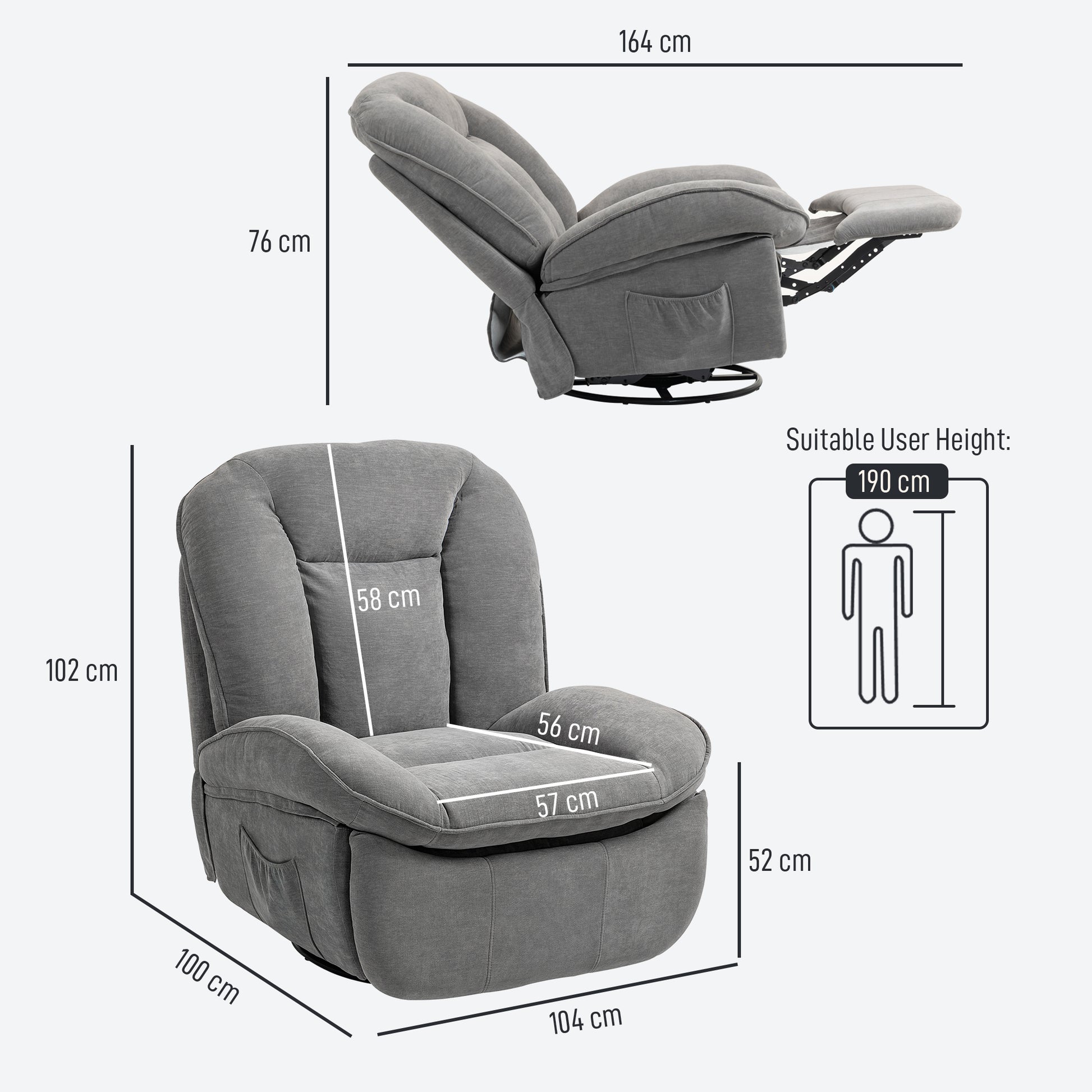 Recliner Chair, TV Chair with Reclining Function, Rocking Function, Swivel TV Chair with Footrest, Side Pocket, Chenille Look for Living Room, up to 150 kg, Dark Gray
