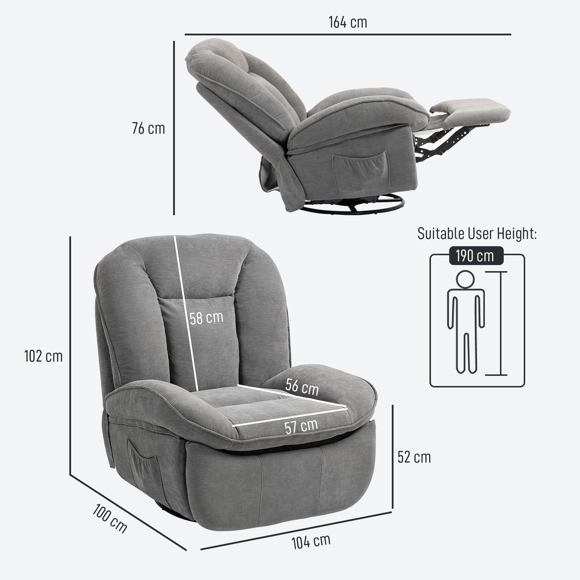 Recliner Chair, TV Chair with Reclining Function, Rocking Function, Swivel TV Chair with Footrest, Side Pocket, Chenille Look for Living Room, up to 150 kg, Dark Gray