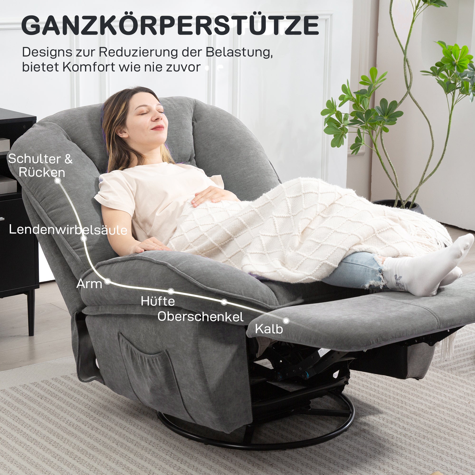 Recliner Chair, TV Chair with Reclining Function, Rocking Function, Swivel TV Chair with Footrest, Side Pocket, Chenille Look for Living Room, up to 150 kg, Dark Gray