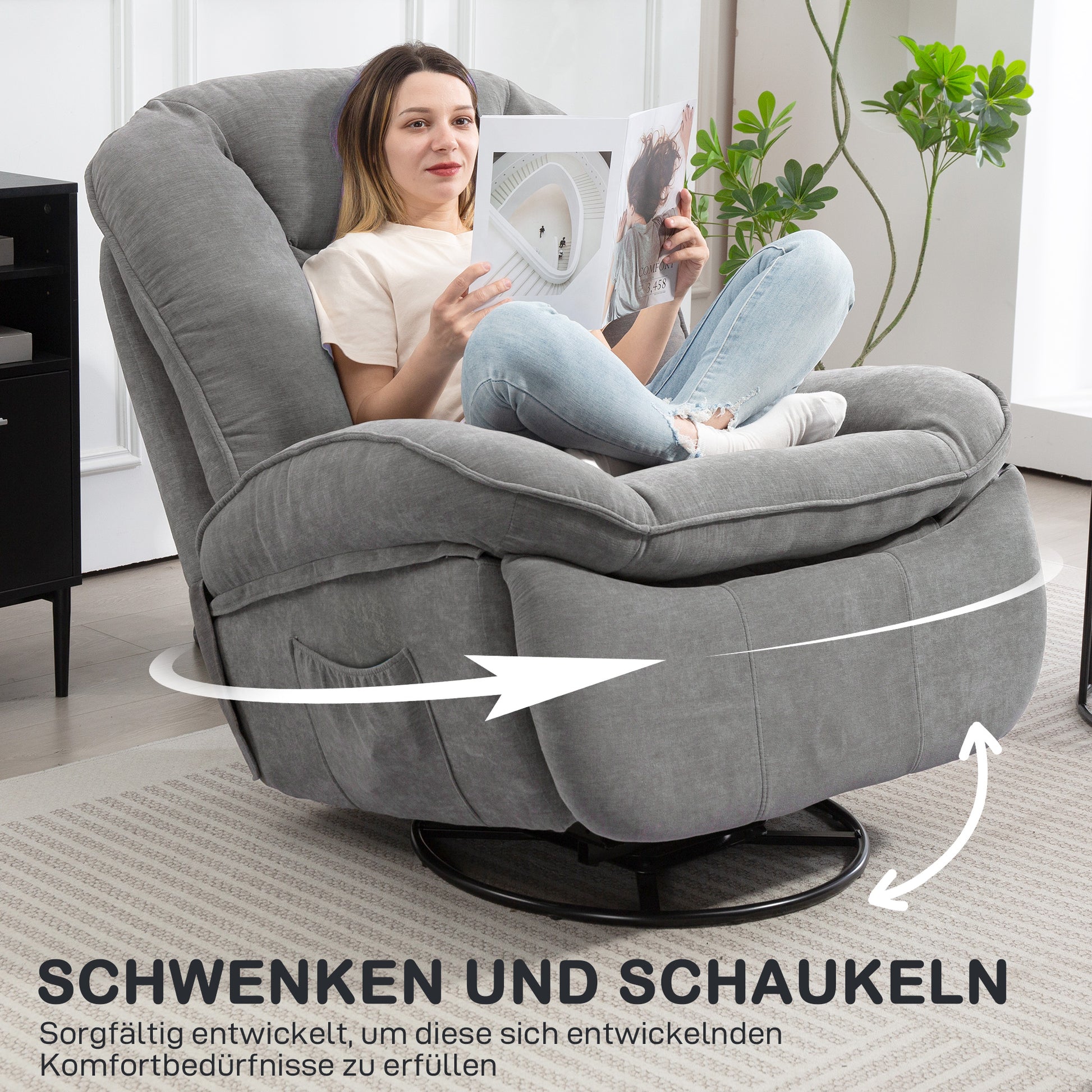 Recliner Chair, TV Chair with Reclining Function, Rocking Function, Swivel TV Chair with Footrest, Side Pocket, Chenille Look for Living Room, up to 150 kg, Dark Gray