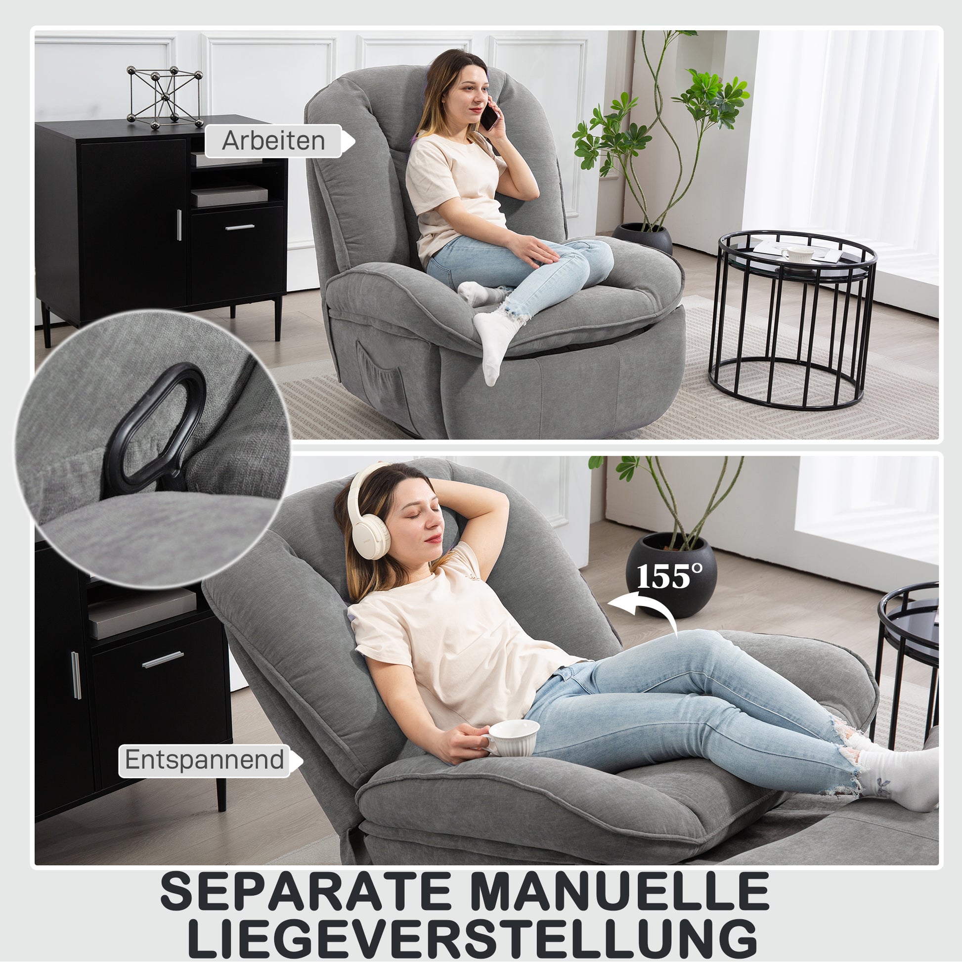 Recliner Chair, TV Chair with Reclining Function, Rocking Function, Swivel TV Chair with Footrest, Side Pocket, Chenille Look for Living Room, up to 150 kg, Dark Gray