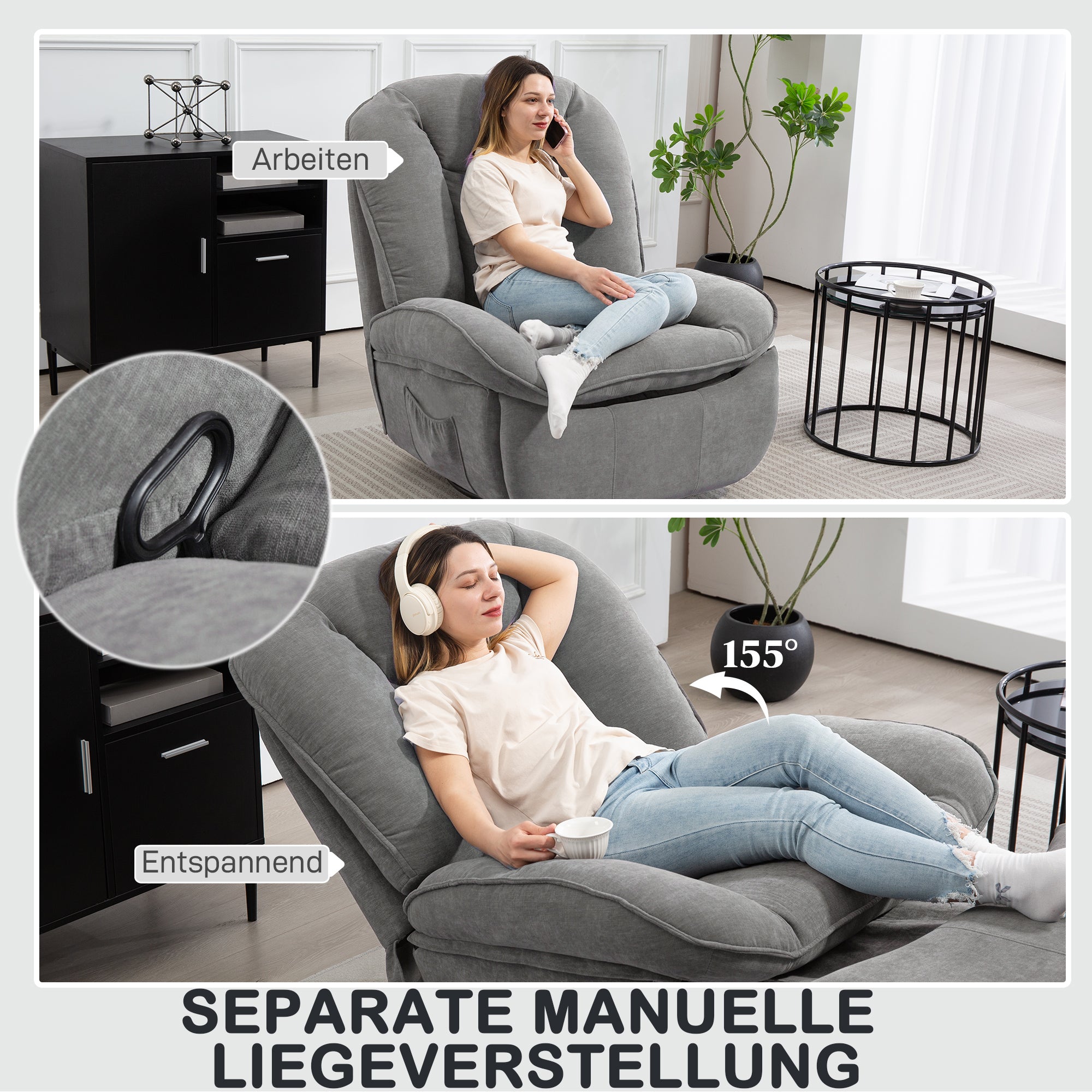 Recliner Chair, TV Chair with Reclining Function, Rocking Function, Swivel TV Chair with Footrest, Side Pocket, Chenille Look for Living Room, up to 150 kg, Dark Gray
