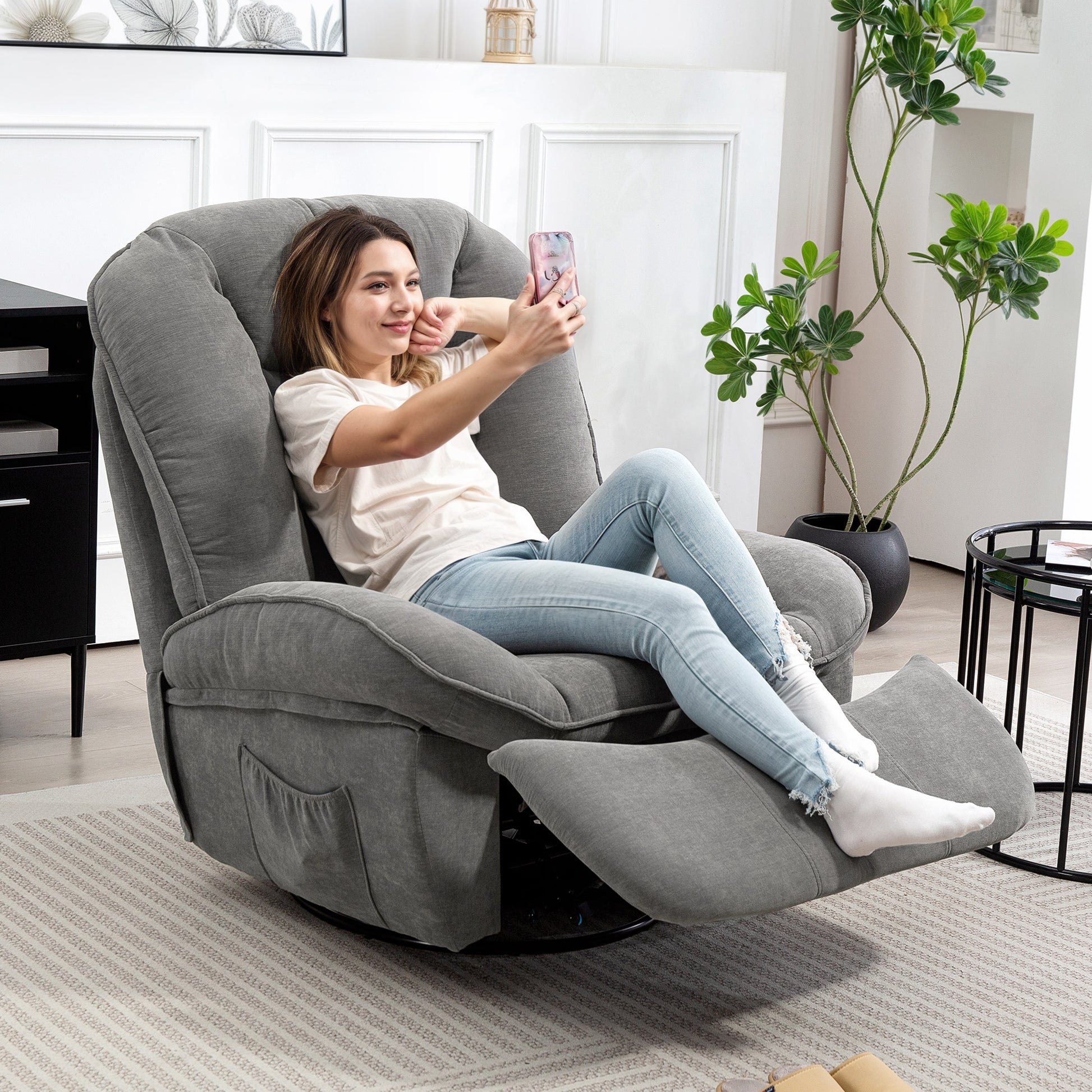 Recliner Chair, TV Chair with Reclining Function, Rocking Function, Swivel TV Chair with Footrest, Side Pocket, Chenille Look for Living Room, up to 150 kg, Dark Gray