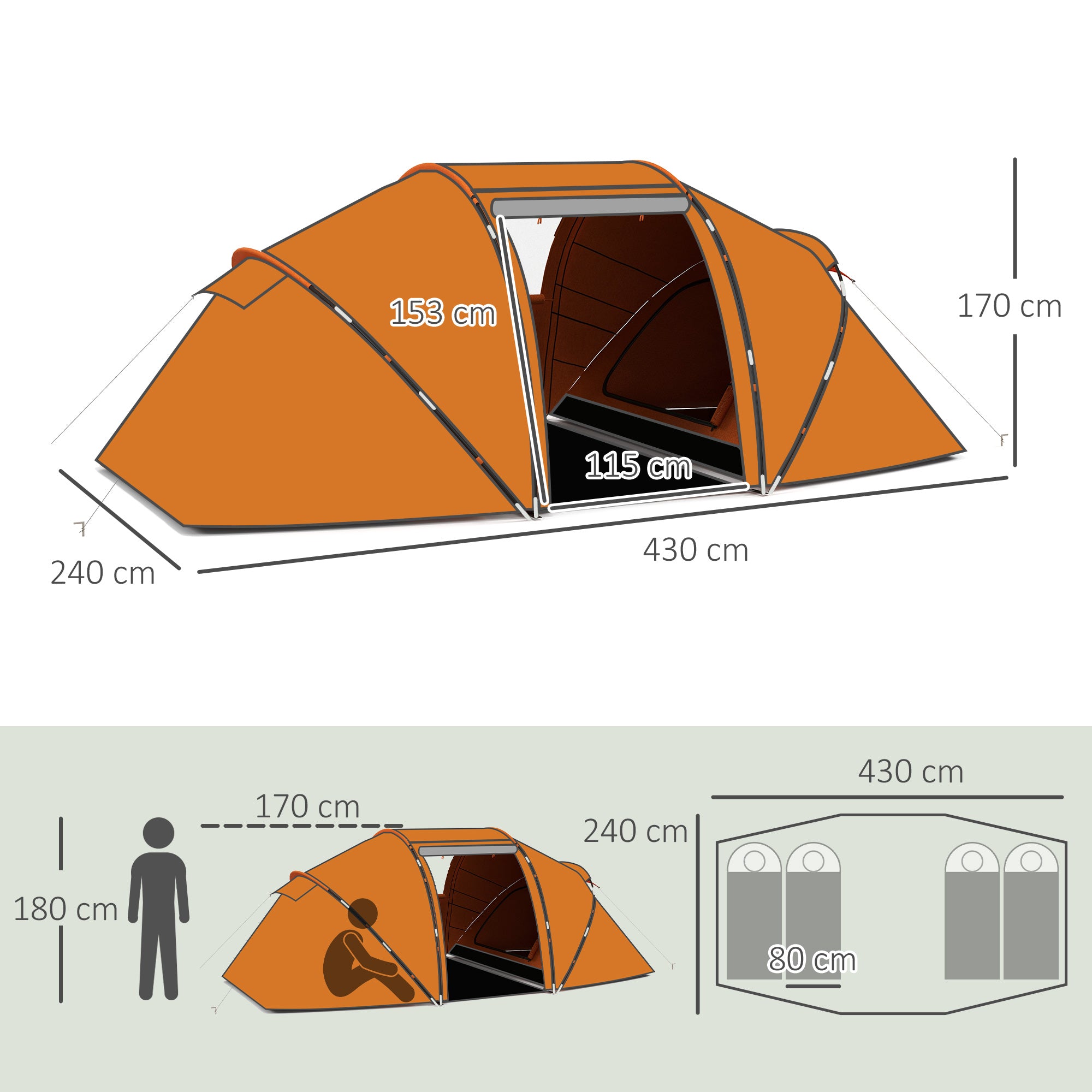 Tunnel Tent for 4–6 People – Waterproof 2000mm Family Camping Tent with Groundsheet and Entrance, Ideal for Travel, Trekking & Garden – Orange