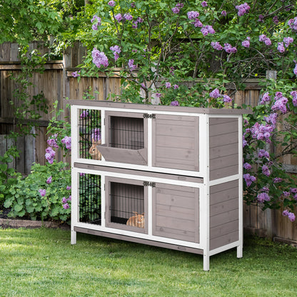 2-Level Wooden Rabbit Hutch Outdoor Cage for 1-2 Rabbits with Openable Roof Feeder Removable Trays Ramp and Lockable Doors 122x50x101 cm Brown