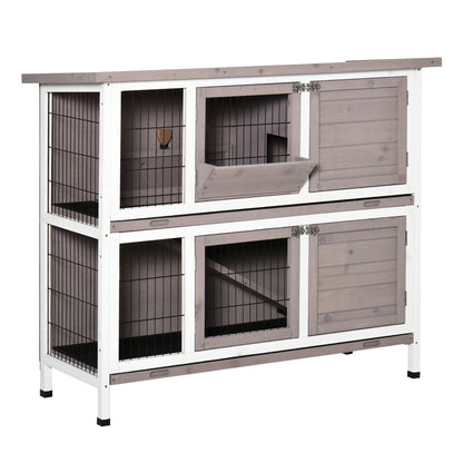 2-Level Wooden Rabbit Hutch Outdoor Cage for 1-2 Rabbits with Openable Roof Feeder Removable Trays Ramp and Lockable Doors 122x50x101 cm Brown