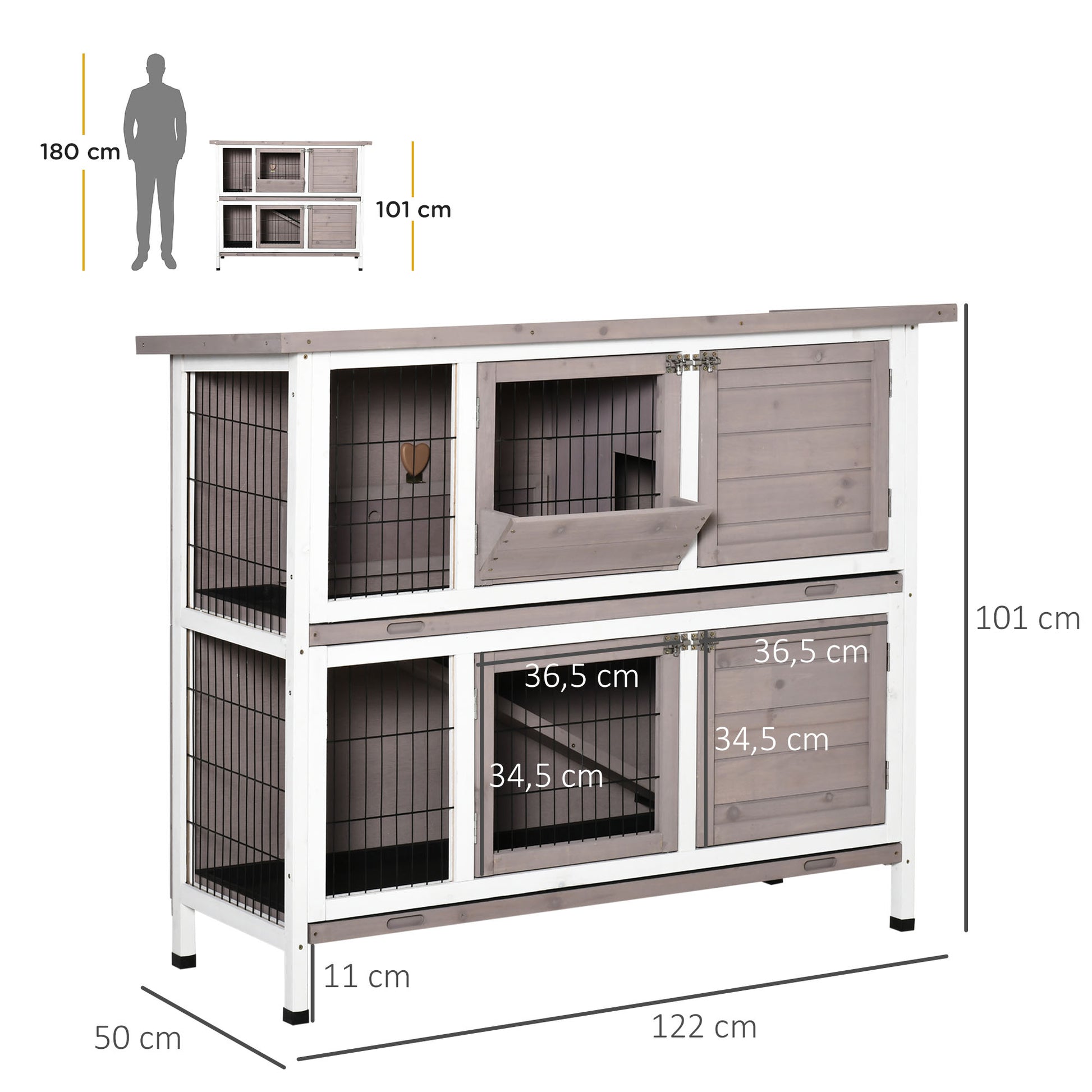 2-Level Wooden Rabbit Hutch Outdoor Cage for 1-2 Rabbits with Openable Roof Feeder Removable Trays Ramp and Lockable Doors 122x50x101 cm Brown
