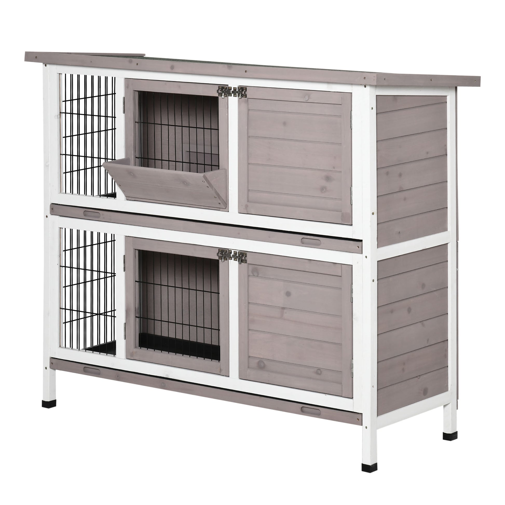 2-Level Wooden Rabbit Hutch Outdoor Cage for 1-2 Rabbits with Openable Roof Feeder Removable Trays Ramp and Lockable Doors 122x50x101 cm Brown