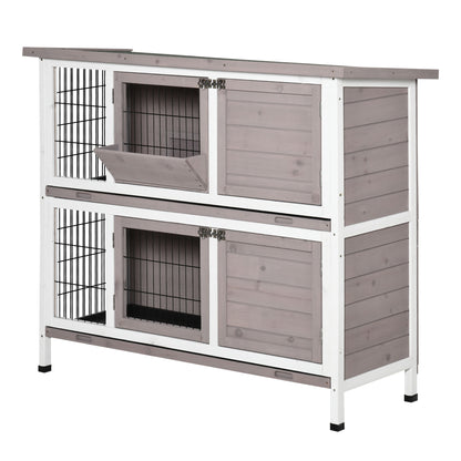 2-Level Wooden Rabbit Hutch Outdoor Cage for 1-2 Rabbits with Openable Roof Feeder Removable Trays Ramp and Lockable Doors 122x50x101 cm Brown
