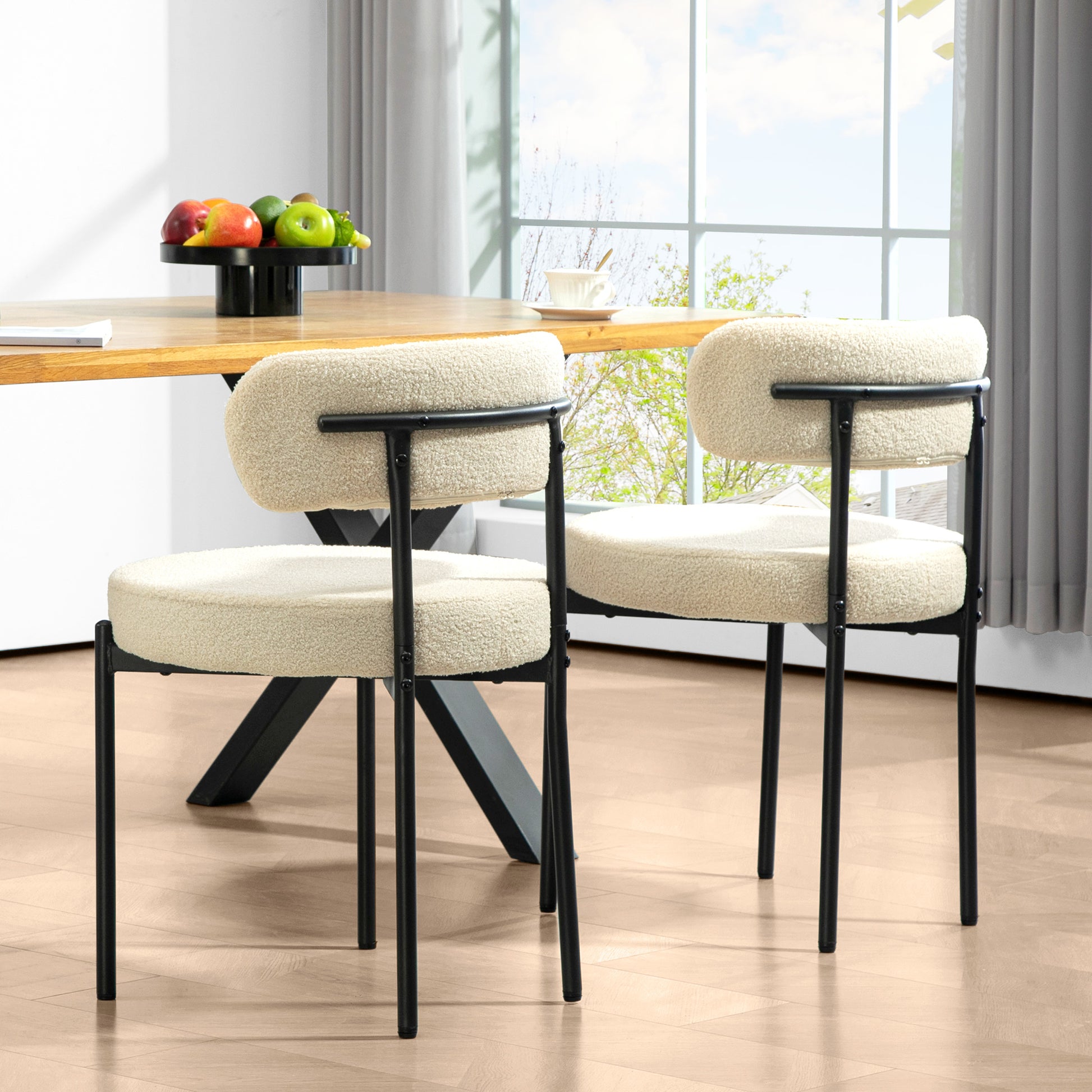 Set of 2 dining chairs modern kitchen chair upholstered in cashmere-look fabric with black steel legs, for living room, dining room, bedroom, beige