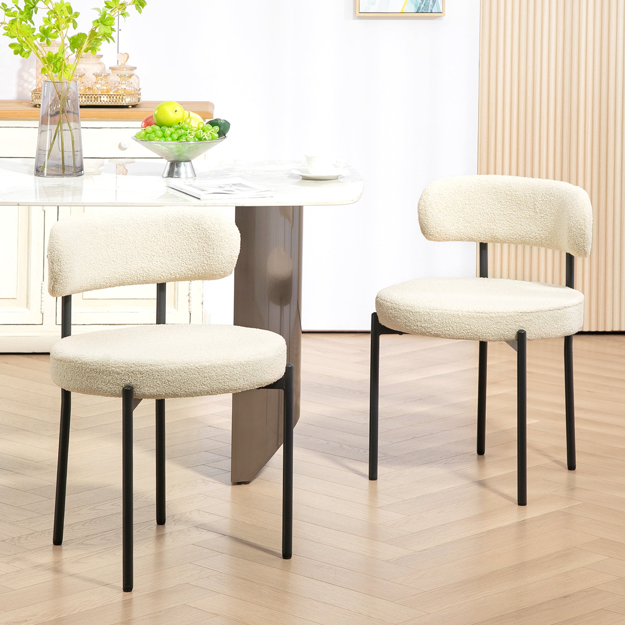 Set of 2 dining chairs modern kitchen chair upholstered in cashmere-look fabric with black steel legs, for living room, dining room, bedroom, beige