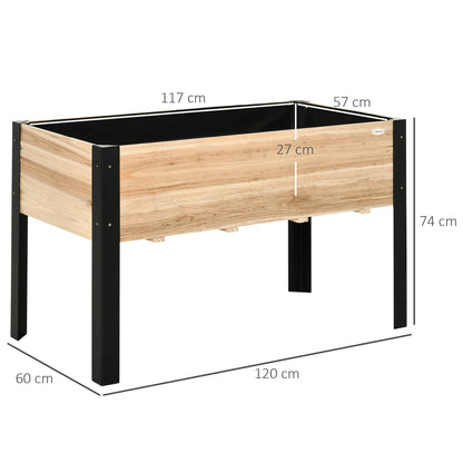 Raised Garden Bed Planter Box Flower Pot Herb Bed with Non-Woven Fabric Solid Wood Steel Natural + Black 120 x 60 x 74 cm