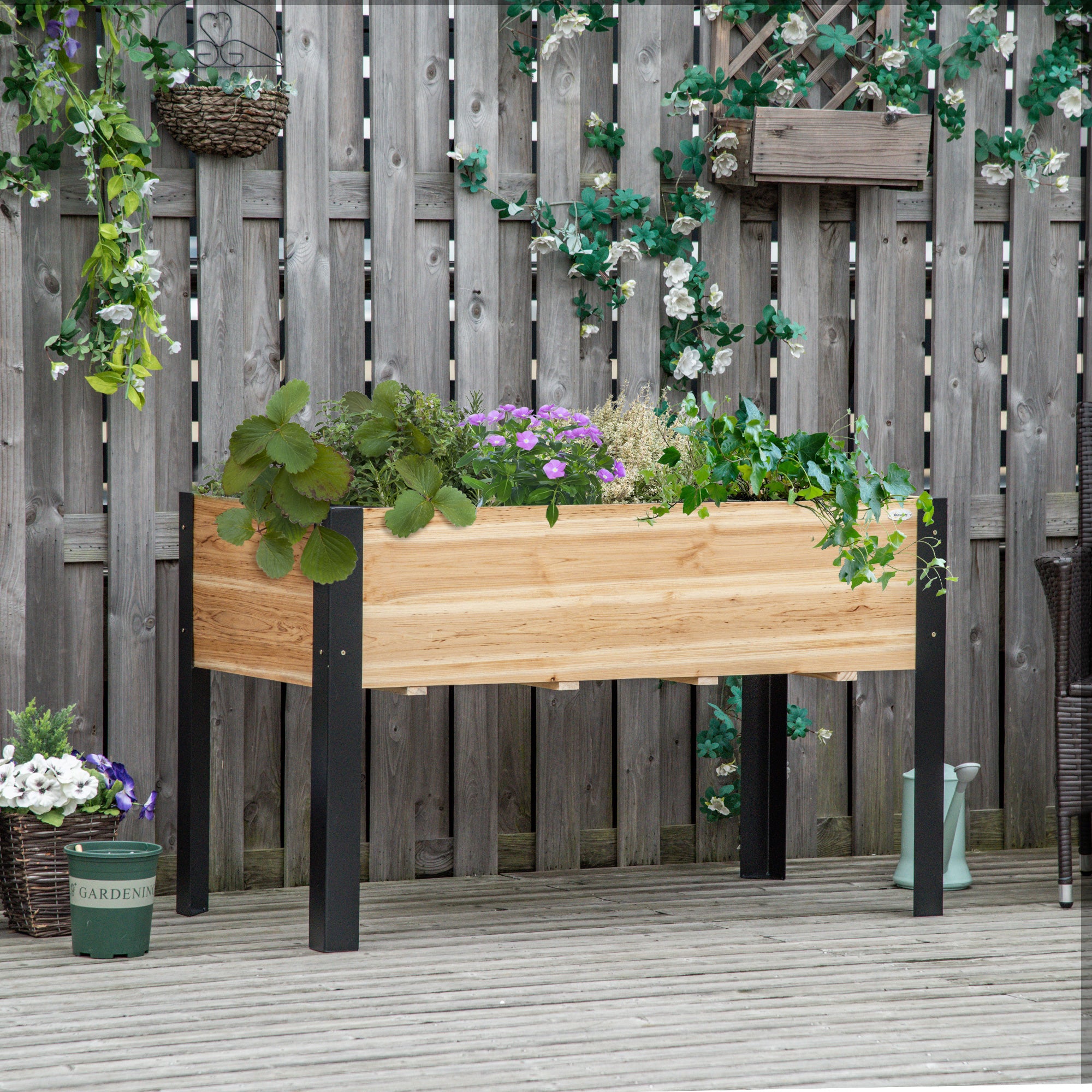Raised Garden Bed Planter Box Flower Pot Herb Bed with Non-Woven Fabric Solid Wood Steel Natural + Black 120 x 60 x 74 cm