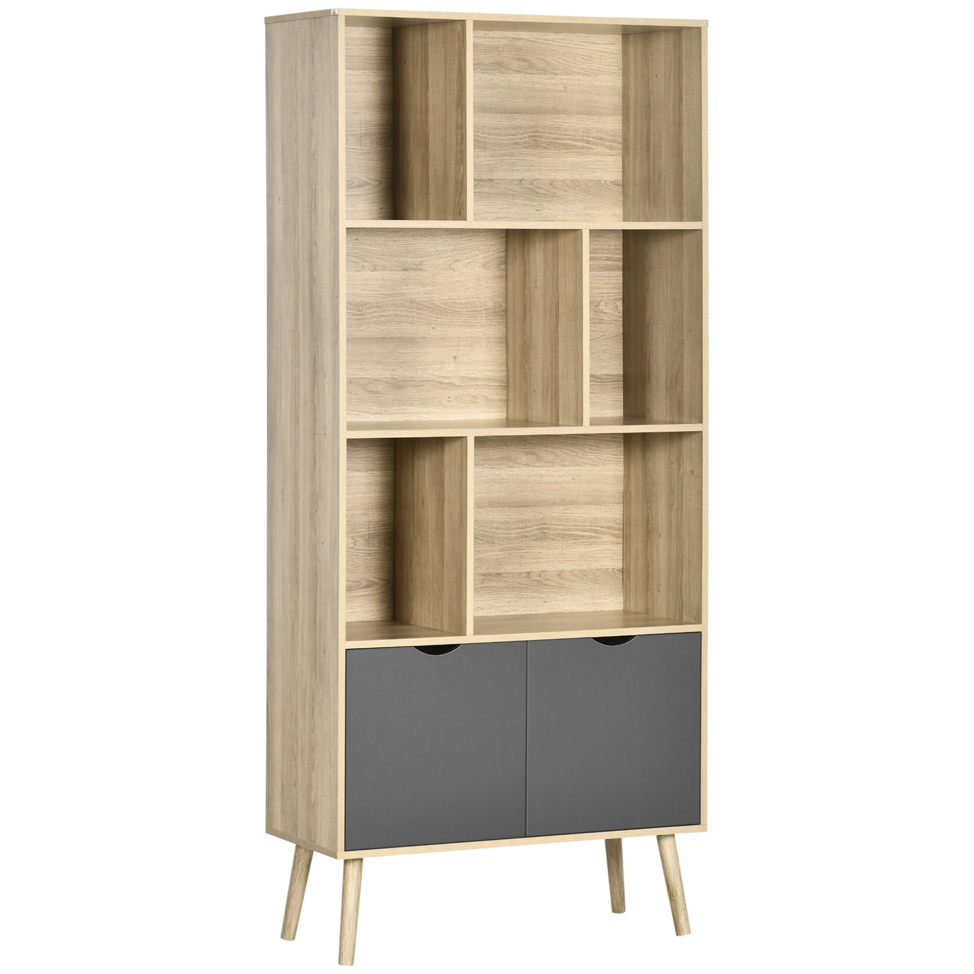 Bookcase Shelf Storage Cabinet Modern Design with 2 Doors and 6 Shelves -dim. 80L x 35W x 180H cm Natural Wood and Dark Grey appearance