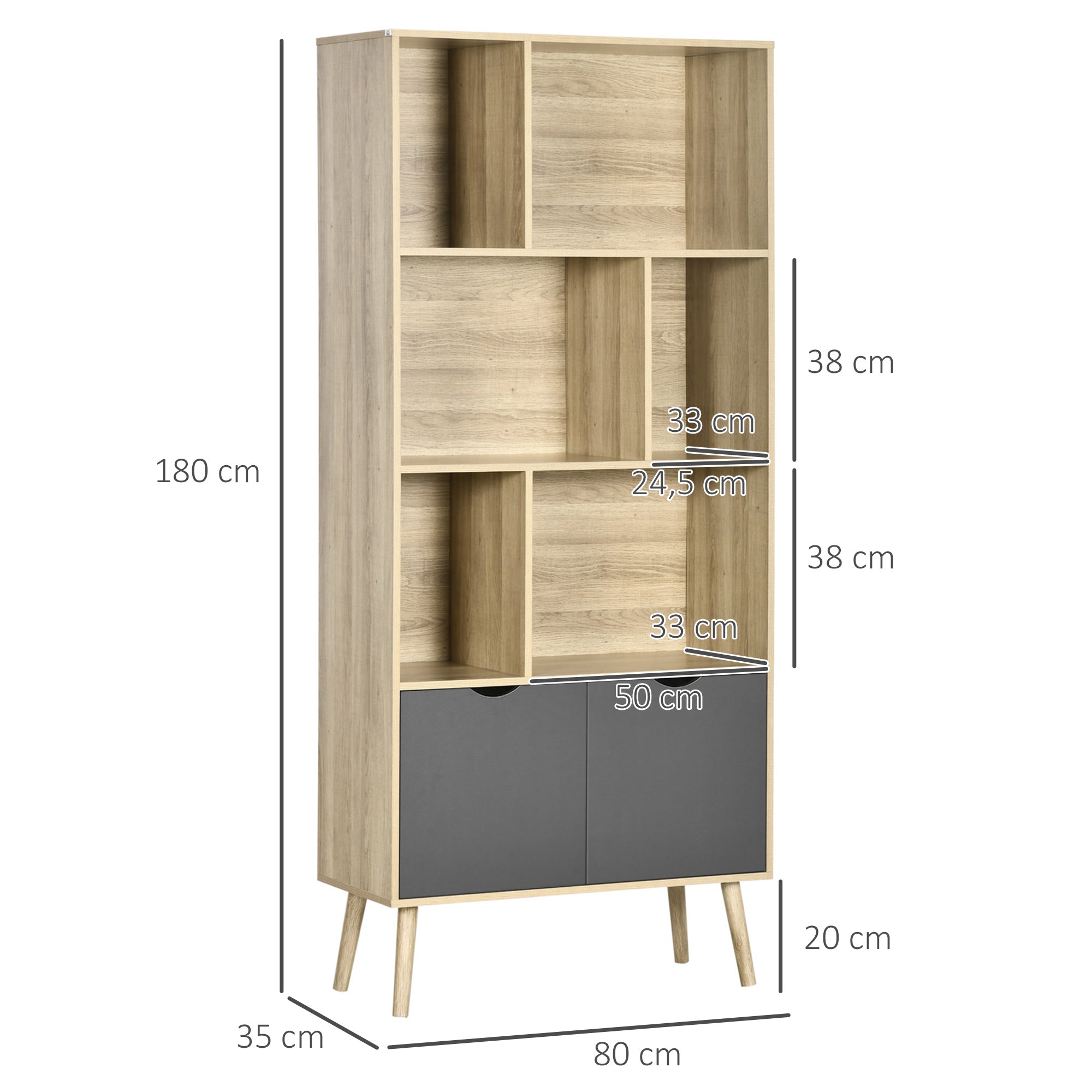 Bookcase Shelf Storage Cabinet Modern Design with 2 Doors and 6 Shelves -dim. 80L x 35W x 180H cm Natural Wood and Dark Grey appearance