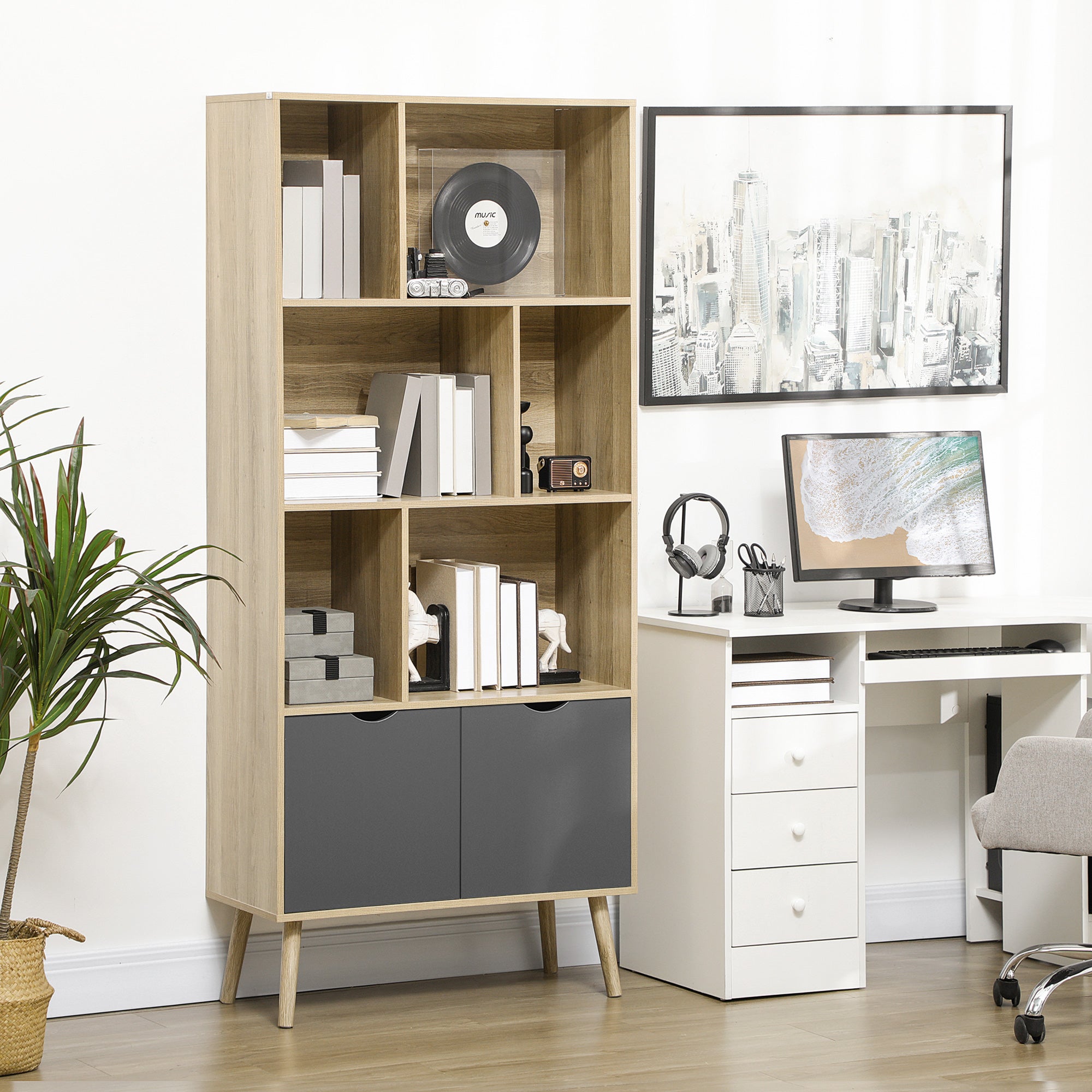 Bookcase Shelf Storage Cabinet Modern Design with 2 Doors and 6 Shelves -dim. 80L x 35W x 180H cm Natural Wood and Dark Grey appearance