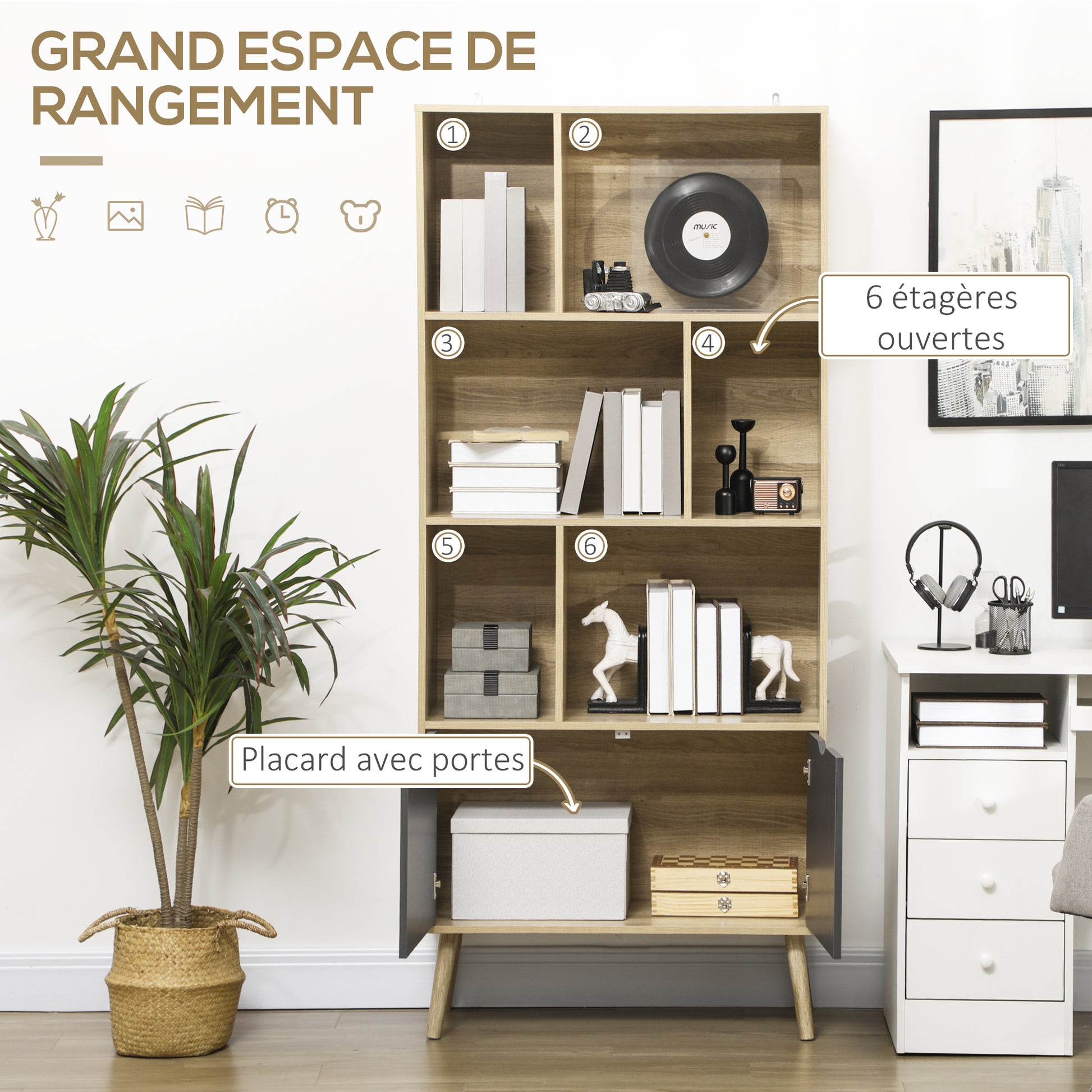 Bookcase Shelf Storage Cabinet Modern Design with 2 Doors and 6 Shelves -dim. 80L x 35W x 180H cm Natural Wood and Dark Grey appearance