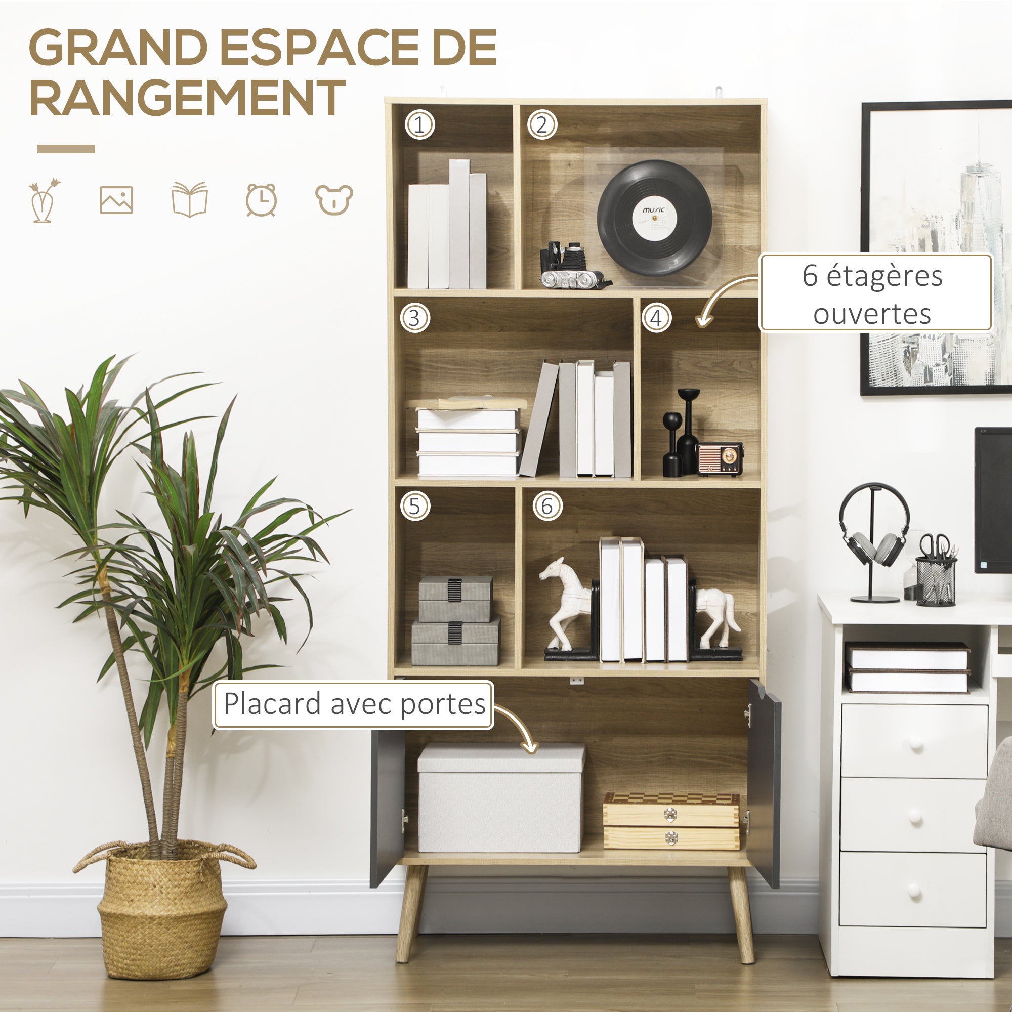 Bookcase Shelf Storage Cabinet Modern Design with 2 Doors and 6 Shelves -dim. 80L x 35W x 180H cm Natural Wood and Dark Grey appearance